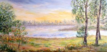 Painting titled "Lac aux mille coule…" by Danièle Kechidi, Original Artwork, Oil Mounted on Wood Stretcher frame