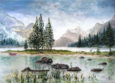 Painting titled "Lac sous un ciel d'…" by Danièle Kechidi, Original Artwork, Oil Mounted on Wood Stretcher frame