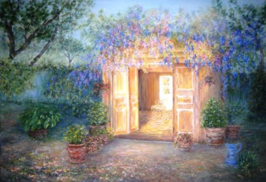 Картина под названием "Cabane aux glycines" - Danièle Kechidi, Подлинное произведение искусства, Масло Установлен на Деревян…