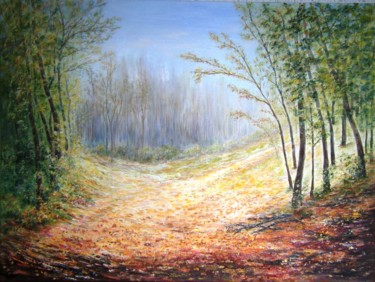 Painting titled "Chemin dans la forêt" by Danièle Kechidi, Original Artwork, Oil Mounted on Wood Stretcher frame