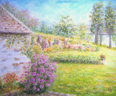 Painting titled "Bûcher et jardin au…" by Danièle Kechidi, Original Artwork, Oil Mounted on Wood Stretcher frame