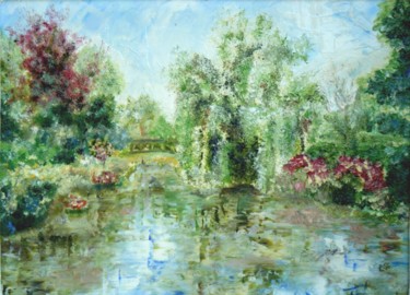 Painting titled "Etang et son saule" by Danièle Kechidi, Original Artwork, Oil Mounted on Wood Panel