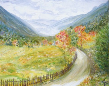 Painting titled "Route dans la vallée" by Danièle Kechidi, Original Artwork, Oil Mounted on Wood Panel