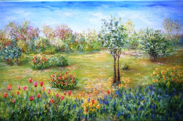 「Jardin aux tulipes」というタイトルの絵画 Danièle Kechidiによって, オリジナルのアートワーク, オイル ウッドストレッチャーフレームにマウント