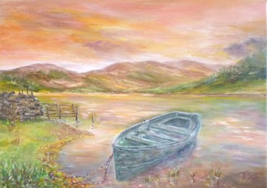 Peinture intitulée "La barque verte" par Danièle Kechidi, Œuvre d'art originale, Huile Monté sur Châssis en bois