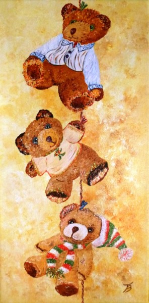 Painting titled "Trois nounours à la…" by Danièle Kechidi, Original Artwork, Acrylic Mounted on Wood Stretcher frame