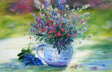 Painting titled "Bouquet au pot bleu" by Danièle Kechidi, Original Artwork, Oil Mounted on Wood Stretcher frame
