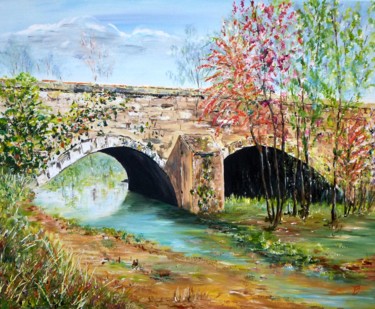 Painting titled "Le pont de Noyen su…" by Danièle Kechidi, Original Artwork, Acrylic Mounted on Wood Stretcher frame