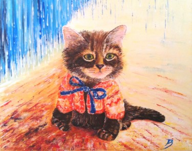 Painting titled "Minou au gilet oran…" by Danièle Kechidi, Original Artwork, Acrylic Mounted on Wood Stretcher frame