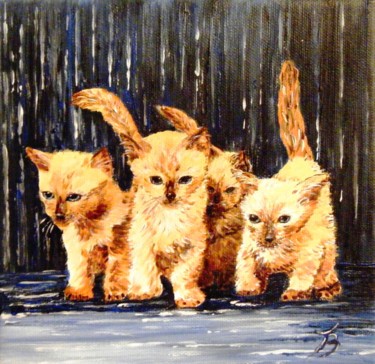 Painting titled "Quatre chatons mign…" by Danièle Kechidi, Original Artwork, Acrylic Mounted on Wood Stretcher frame