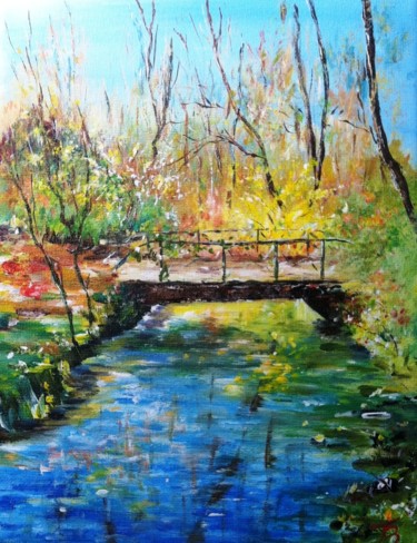 Painting titled "Le petit pont" by Danièle Kechidi, Original Artwork, Acrylic Mounted on Wood Stretcher frame