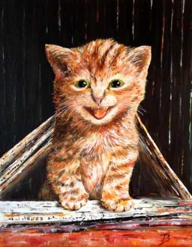 Painting titled "Chaton sous le jour…" by Danièle Kechidi, Original Artwork, Acrylic Mounted on Wood Stretcher frame