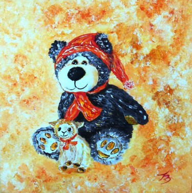 Painting titled "Nounours et sa pelu…" by Danièle Kechidi, Original Artwork, Acrylic Mounted on Wood Stretcher frame