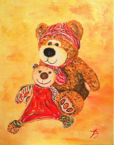 Painting titled "Nounours et son dou…" by Danièle Kechidi, Original Artwork, Acrylic Mounted on Wood Stretcher frame