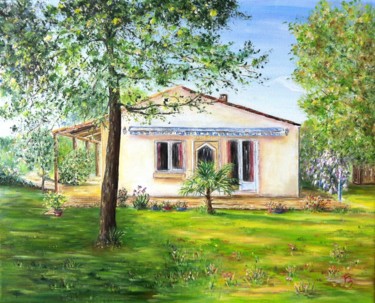 Peinture intitulée "Maison au palmier" par Danièle Kechidi, Œuvre d'art originale, Huile Monté sur Châssis en bois