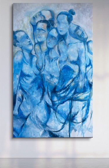 Painting titled "Sei donne - In Blu" by Daniele Raineri, Original Artwork, Acrylic Mounted on Wood Stretcher frame