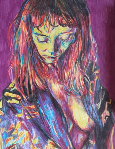 Рисунок под названием "FLOWER" - Daniele Zaggia, Подлинное произведение искусства, Цветные карандаши