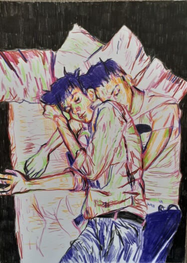 Рисунок под названием "Couple" - Daniele Zaggia, Подлинное произведение искусства, Цветные карандаши
