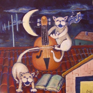 Painting titled "I tetti: gatti, vio…" by Daniele Baron, Original Artwork