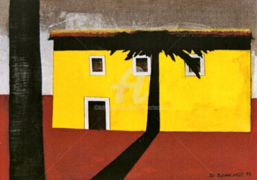 Painting titled "Maison jaune 1" by Daniele Sanchez Dsz, Original Artwork, Oil Mounted on Wood Stretcher frame