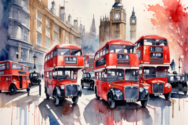 "London Red Bus Scene" başlıklı Tablo Daniel Harris tarafından, Orijinal sanat, Suluboya