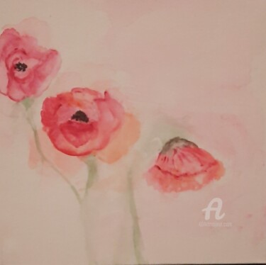 Painting titled "Trio de Coquelicots" by Danielle Alzonne, Original Artwork, Watercolor Mounted on Wood Stretcher frame