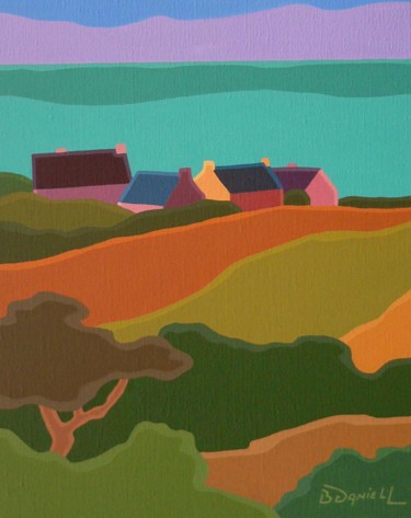Schilderij getiteld "Maisons et champs à…" door Danielle Braillon (DANIELL), Origineel Kunstwerk, Olie