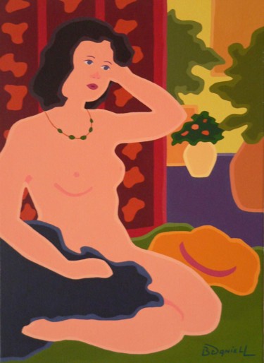 Painting titled "Nu au rideau rouge" by Danielle Braillon (DANIELL), Original Artwork, Oil