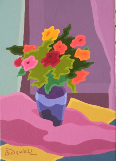 Peinture intitulée "Bouquet au vase bleu" par Danielle Braillon (DANIELL), Œuvre d'art originale, Huile