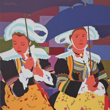 Pintura intitulada "Femmes aux paraplui…" por Danielle Braillon (DANIELL), Obras de arte originais, Óleo