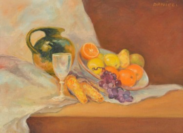Painting titled "Fruits et pichet" by Danielle Braillon (DANIELL), Original Artwork, Oil Mounted on Wood Panel