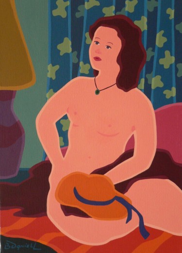 Painting titled "Nu au rideau bleu" by Danielle Braillon (DANIELL), Original Artwork, Oil
