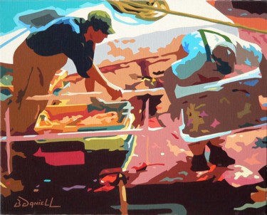 Peinture intitulée "L'arrivée des pêche…" par Danielle Braillon (DANIELL), Œuvre d'art originale, Huile