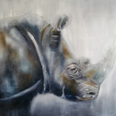 Painting titled "Rhino" by Danielle D'Alife, Original Artwork, Oil Mounted on Wood Stretcher frame