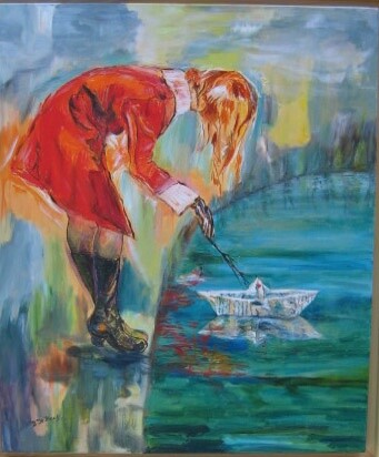Painting titled "mon bateau en papier" by Danielle De  Block, Original Artwork