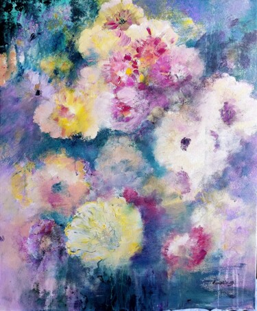 Malarstwo zatytułowany „Fleurs cérémonie” autorstwa Danielle Mangeon, Oryginalna praca, Akryl Zamontowany na Drewniana rama…