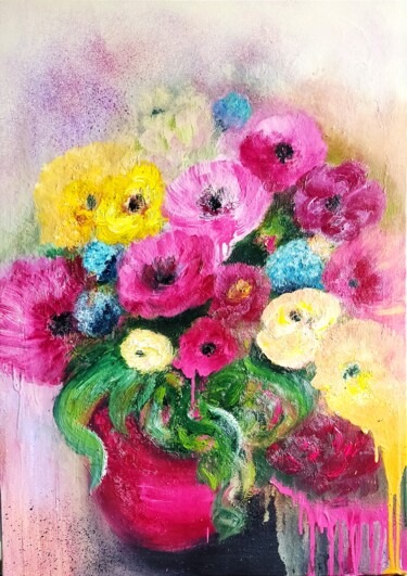 Peinture intitulée "Fleurs d'été" par Danielle Mangeon, Œuvre d'art originale, Huile Monté sur Châssis en bois