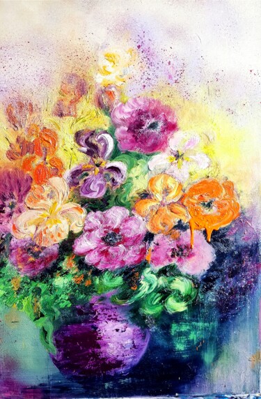 Painting titled "Bouquet 2" by Danielle Mangeon, Original Artwork, Oil Mounted on Wood Stretcher frame
