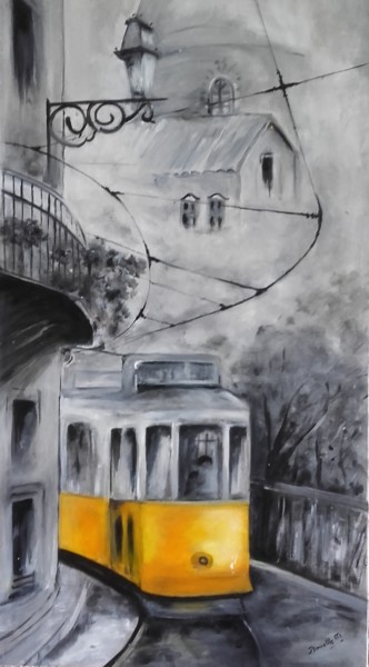 Peinture intitulée "le tram lisbonne" par Danielle Mangeon, Œuvre d'art originale, Acrylique