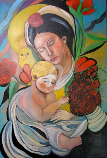 「Maternité」というタイトルの絵画 Danielle Vasaによって, オリジナルのアートワーク, オイル ウッドストレッチャーフレームにマウント