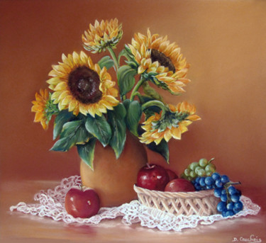 Painting titled "Pommes et tournesols" by Danielle Cauchois, Original Artwork