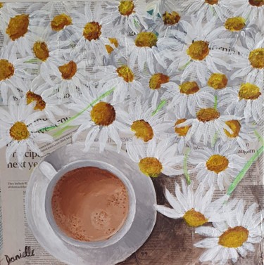 Painting titled "Coffee and Flowers" by Danielle Siauw, Original Artwork, Acrylic Mounted on Wood Stretcher frame