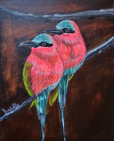 Painting titled "Colourful Bee-eaters" by Danielle Siauw, Original Artwork, Acrylic Mounted on Wood Stretcher frame