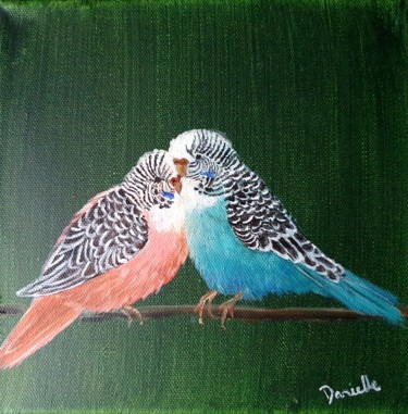 Painting titled "2 Little Budgies" by Danielle Siauw, Original Artwork, Acrylic Mounted on Wood Stretcher frame