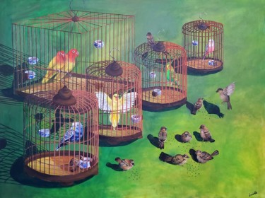 Painting titled "Caged and Uncaged" by Danielle Siauw, Original Artwork, Acrylic Mounted on Wood Stretcher frame
