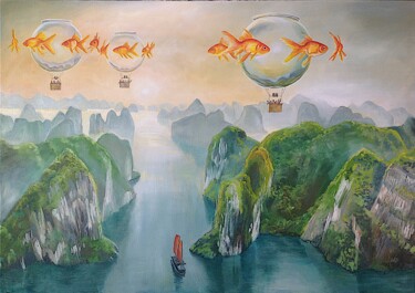 Картина под названием "Goldfish XXXVI" - Daniel Loveday, Подлинное произведение искусства, Масло Установлен на Деревянная ра…