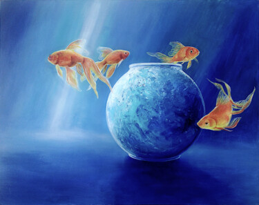 Malerei mit dem Titel "Goldfish XLIII" von Daniel Loveday, Original-Kunstwerk, Öl Auf Andere starre Platte montiert