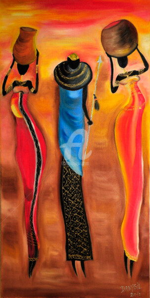 Pittura intitolato ""3 FEMMES MASSAÏ" (…" da Danygil, Opera d'arte originale, Olio