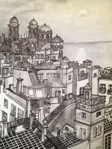 Drawing titled "La ville Orientale" by Danygil, Original Artwork, Pencil