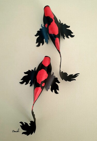 Sculpture titled "2 Fantasy black Koi" by Daniel Du Preez, Original Artwork, Paper